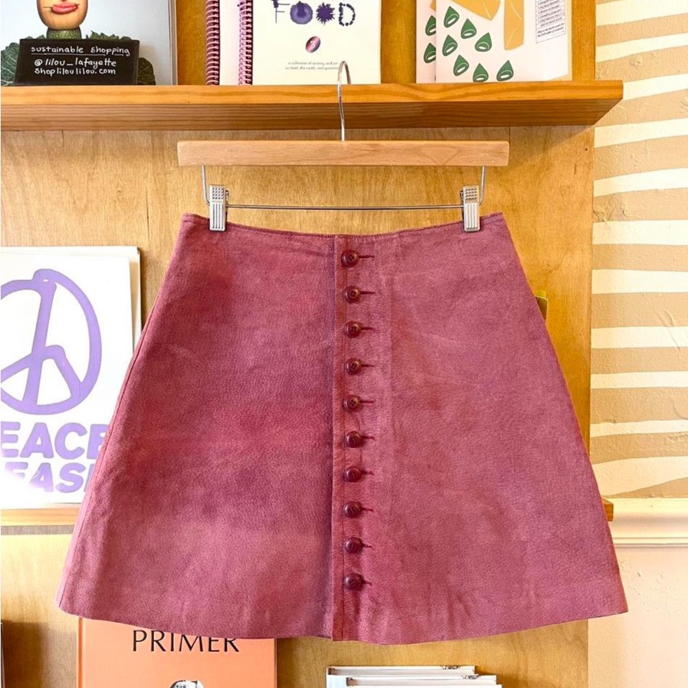 90s Express Rose Suede Button-Front A-Line Mini Skirt